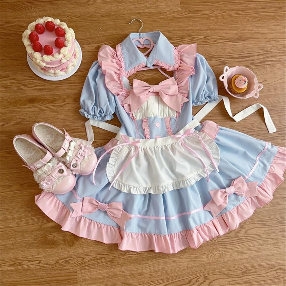 [SDSXZWG] Maid Lolita Kleid Set, Kurzarm, Abnehmbarer Kragen, Hohe Taille, Schlankmachendes Kostüm, Schleife, Rüschenschürze, Cosplay, Subkultur Stil, Schnitt