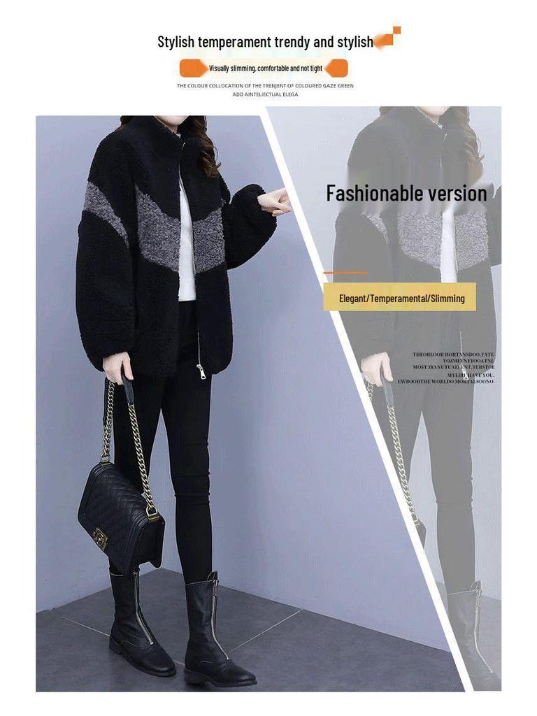 Women's Plus Size Color Block Fleece Coat - Lamb Wool One-Piece, Autumn & Winter Fashion