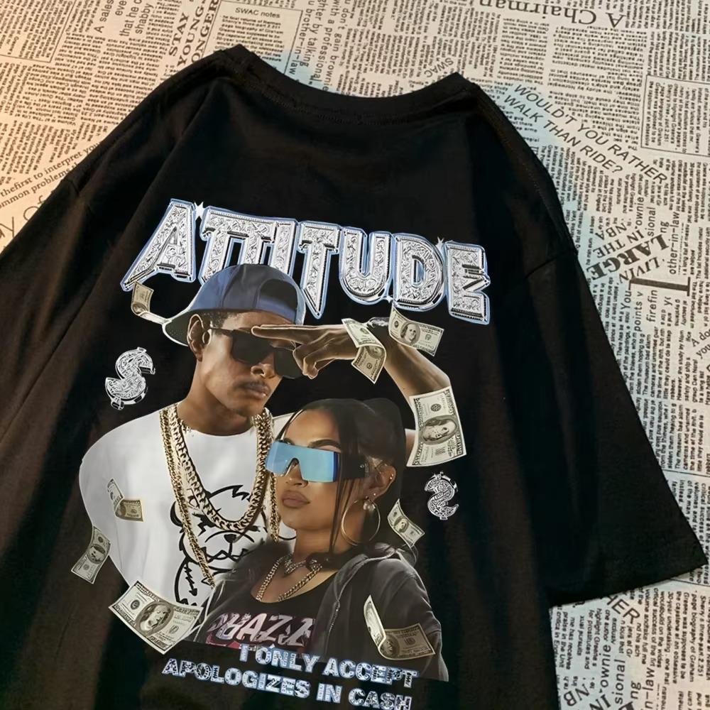 Attitude American Retro Hip Hop Graphic Tshirts Men Women Summer Tee Clothes Cotton Sweat Breathable T Shirt O-Neck Loose Tops