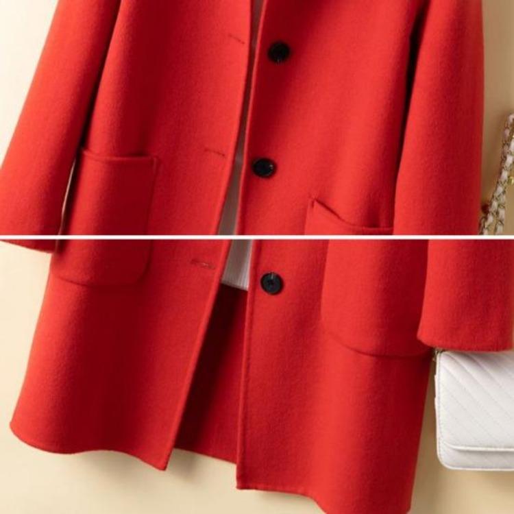 Women Single Breasted Pea Coat Mid Length Wool Blend Trench Coat Notch Lapel