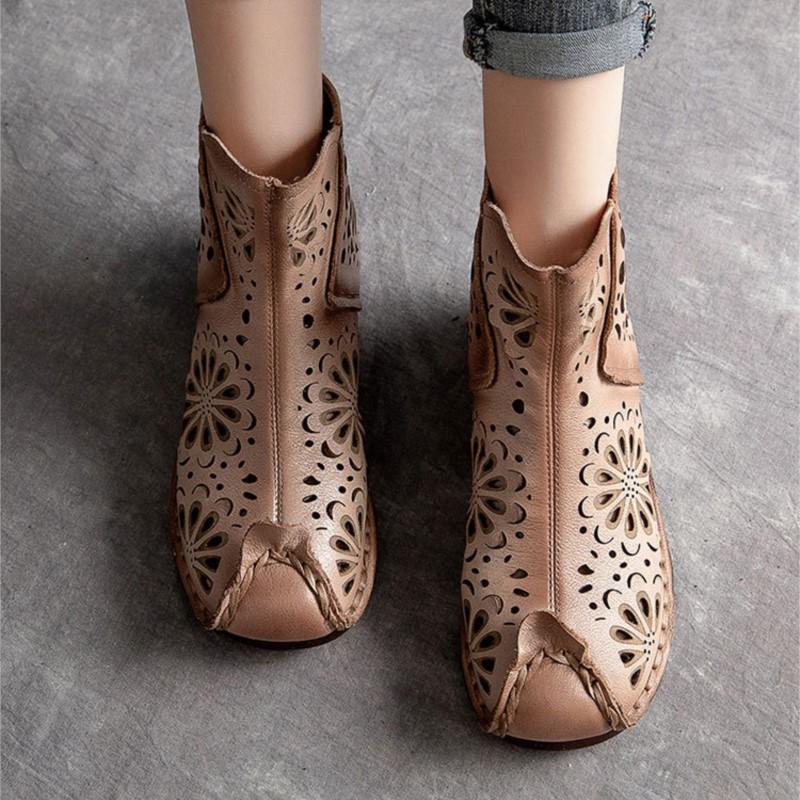 GKTINOO Sommersandalen Echtes Leder 2025 Neu Retro Atmungsaktiv Ausgehöhlte Stiefel Handgefertigt Damen Clogs Flats Schuhe