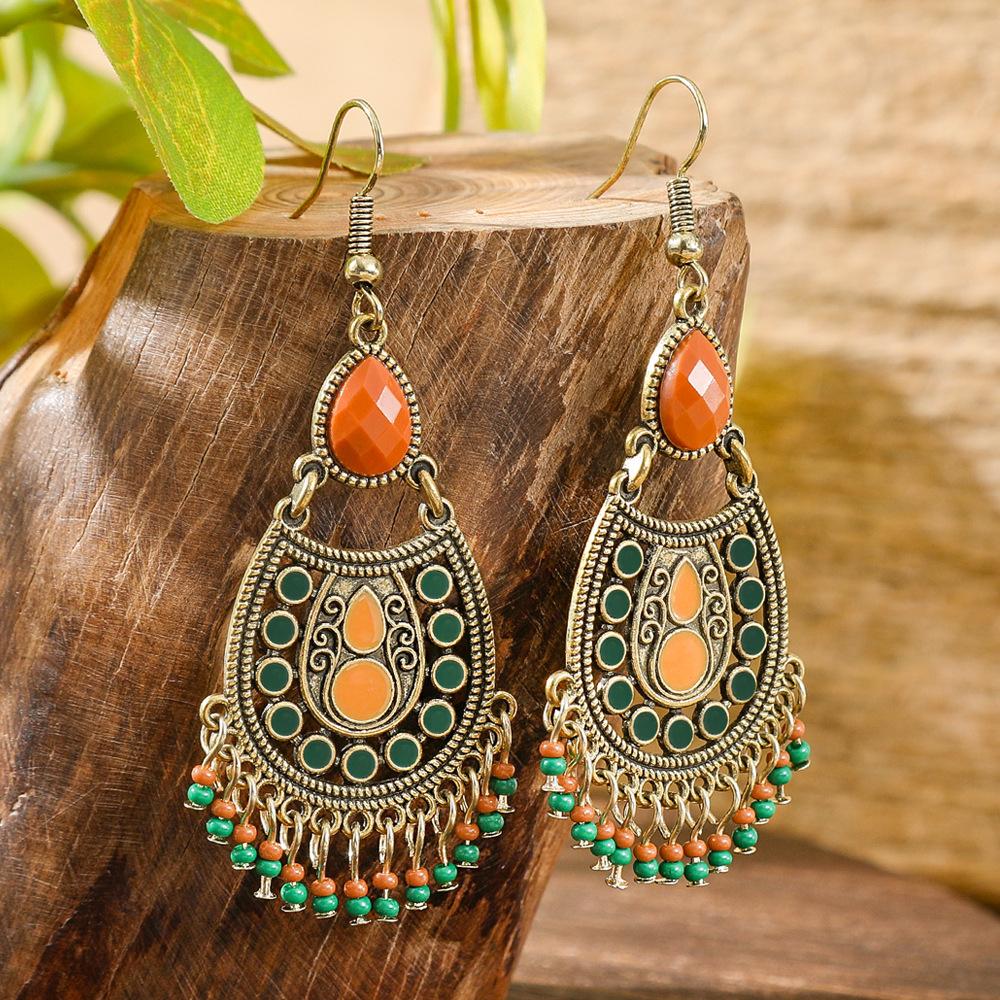 Classic Vintage Bohemian Colorful Drop Earrings for Women Unique Rice Bead Tassel Hollow Dangle Earring Vacation Jewelry Gift