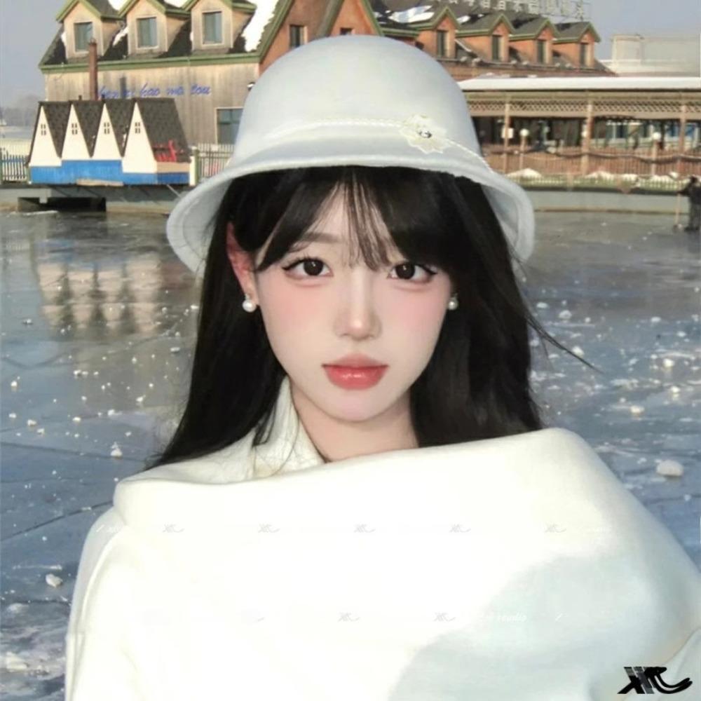 Solid Color Flower Topper Hat Pearl Woolen Bucket Hat Elegant Fisherman Hat  Girl