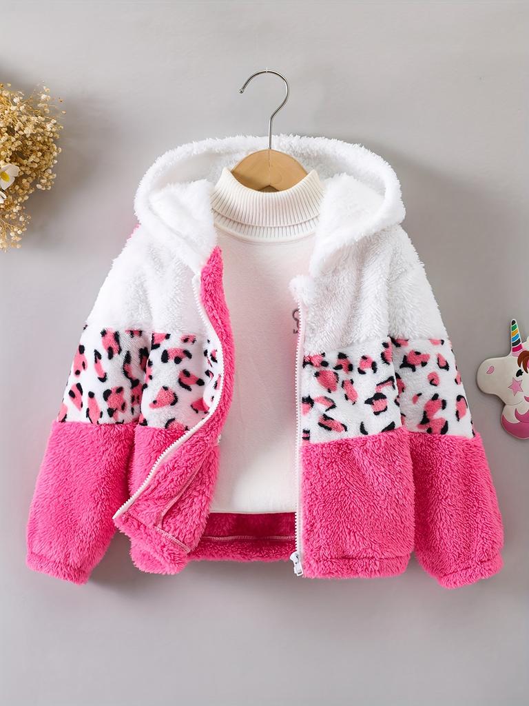 Cozy & Cute Girls' Leopard Print and Pink Fleece-Lined Zip-Up Hoodie Jacket - Warm, Thick Polyester Blend for Autumn/Winter, Long Sleeves,Casual Style