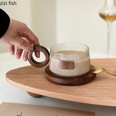 Mug en Verre à Poignée en Bois Créatif Sous-Verre en Bois Massif Tasse à Petit-Déjeuner Tasse à Avoine Tasses à Lait Mug à Café Tasses à Eau pour la Maison Tasse à Thé