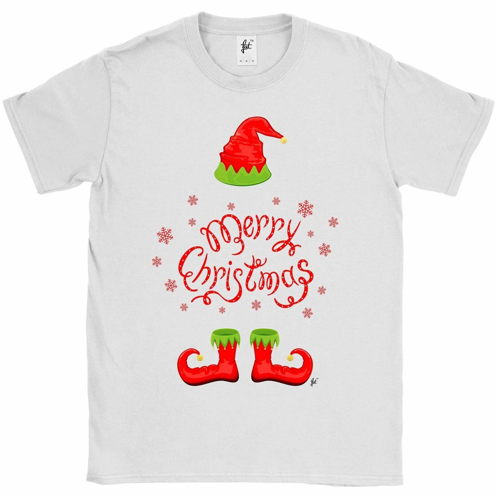 Merry Christmas & Snowflakes Elf Wearing Hat & Boots Mens T-Shirt XXXXL