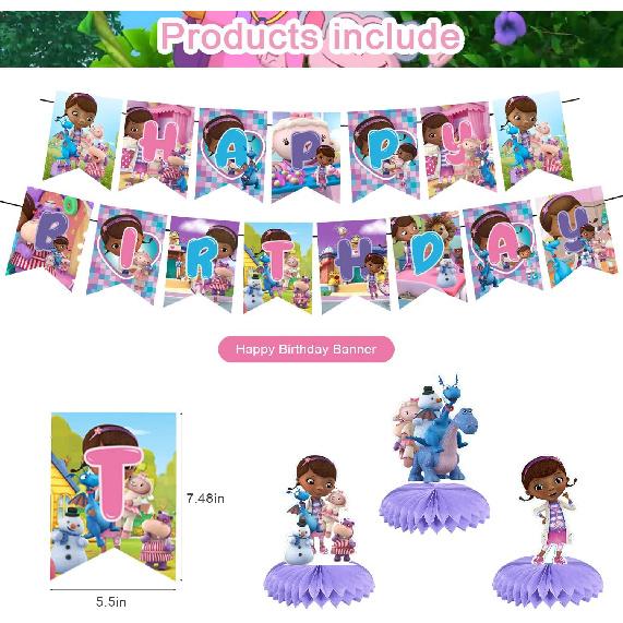 Doc McStuffins Party Decorations - Birthday Supplies with Banner, Cake Topper, 12 Cupcake Toppers, 20 Balloons, 3 Doc Girl Honeycomb Centerpieces
