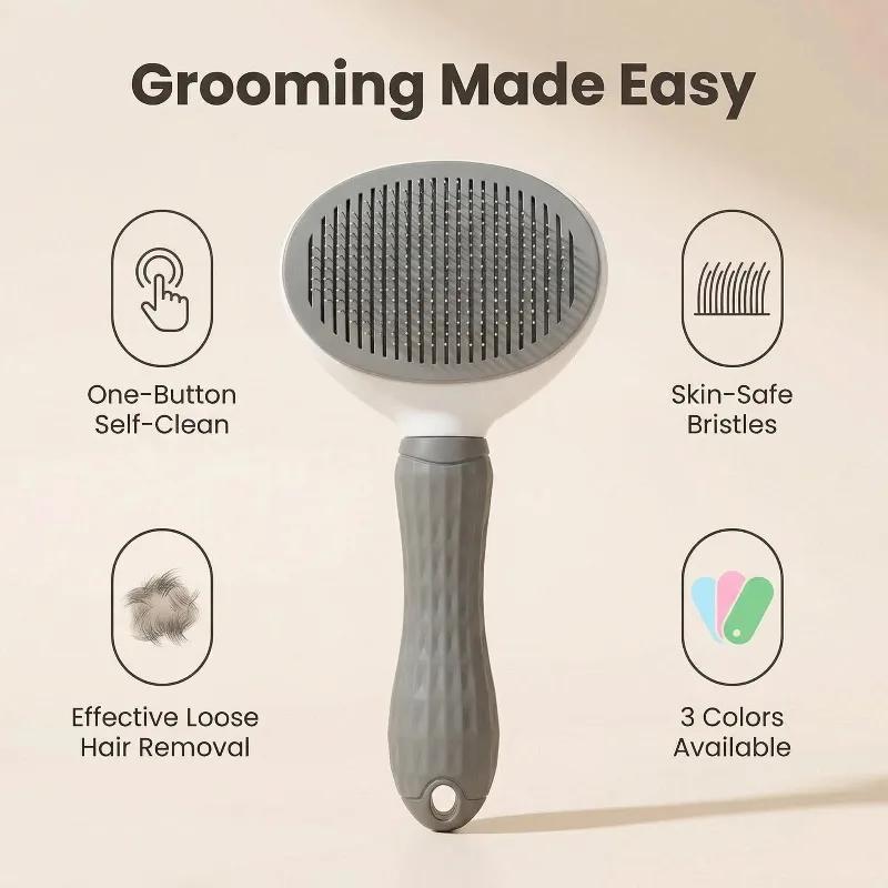 Self Cleaning Pet Slicker Brush One Click Deshedding For Cats Dogs Remove Loose Hair Grooming Massage Comb Safe Gentle Efficient
