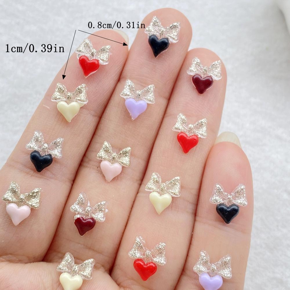 100Pcs Resin 3D Colorful Mini Crystal bow heart-shaped Gems Flatback Figurines Scrapbook Wedding Applique Nail Art Decor Crafts
