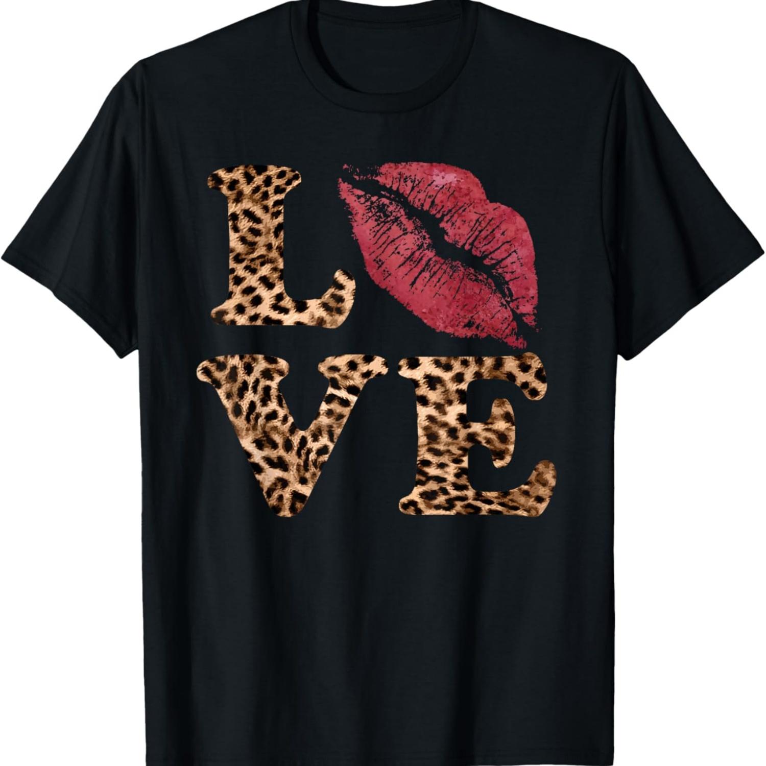 

Леопардовый принт ЛЮБОВЬ Красные Губы Буквы Милая Футболка ко Дню Святого Валентина S чёрный