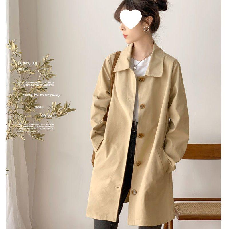 

Women s Mid-Length Trench Coat, Korean Style, Loose Fit, Solid Color, Versatile Autumn Outerwear. S (up to 47.5 kg) хаки