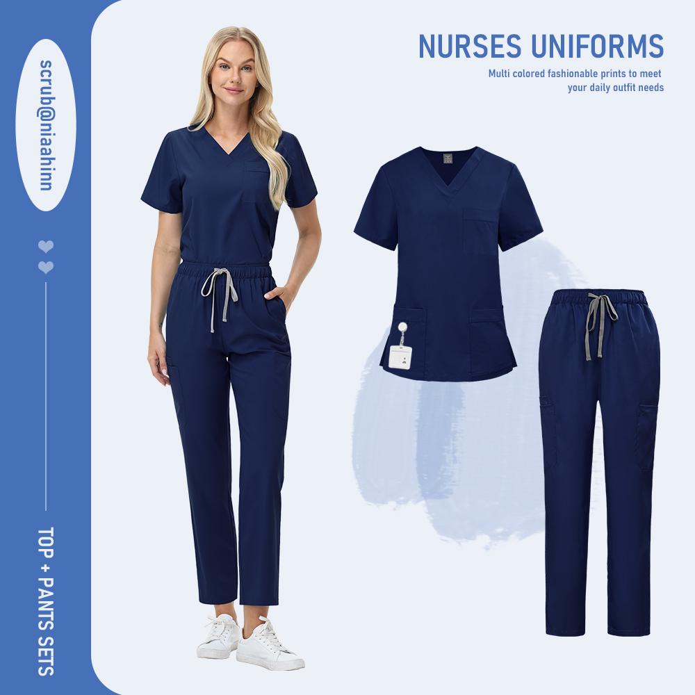 Nursing Surgical Uniforms Woman V-Neck Short Sleeved Uniform Scrub Sets Wholesale Lab Beauty Salon Workwear Pet Doctor Nurse Set