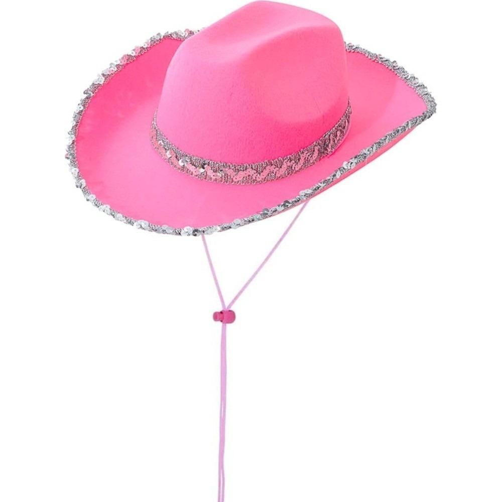Furry Trim Western Cowboy Hat Solid Color Top Hat Fashion Sequin Cowgirl Hat Stage Performance
