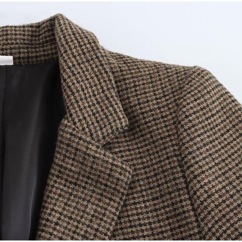 Retro Vlněné Kostkované Sako Kabáty Dámské Klopa Jednořadé Blejzry Podzimní Jednoduché Elegantní Streetové Svrchní Oblečení