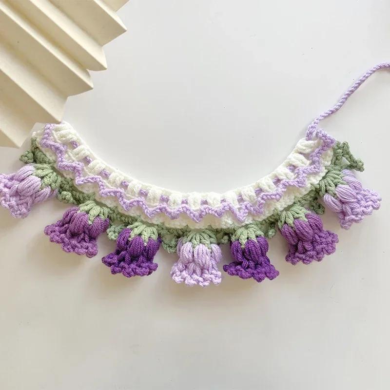 Pure hand knitting Cat Dog Knitted Collar Crochet Collar Pet Drool Scarf Bib Orchid Bell Flower Cute Photo Accessories