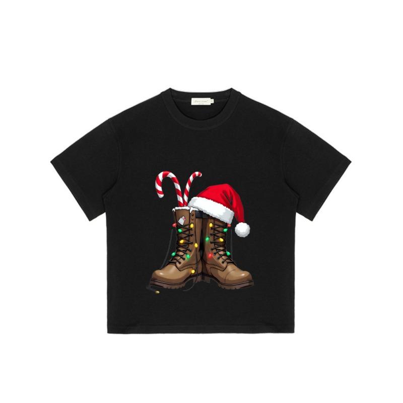 Christmas Boots T Shirt Black Santa Hat and Candy Cane Print Holiday Party Casual Wear