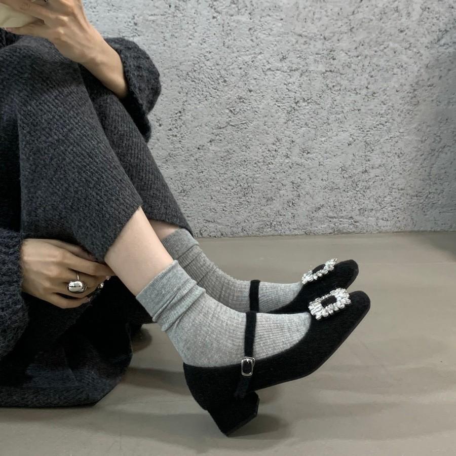 Thick Heel High Heel Black Square Head Rhinestone Single Shoes Women's Shoes 2025 New Autumn and Winter Plush Mary Jane Mao Shoes