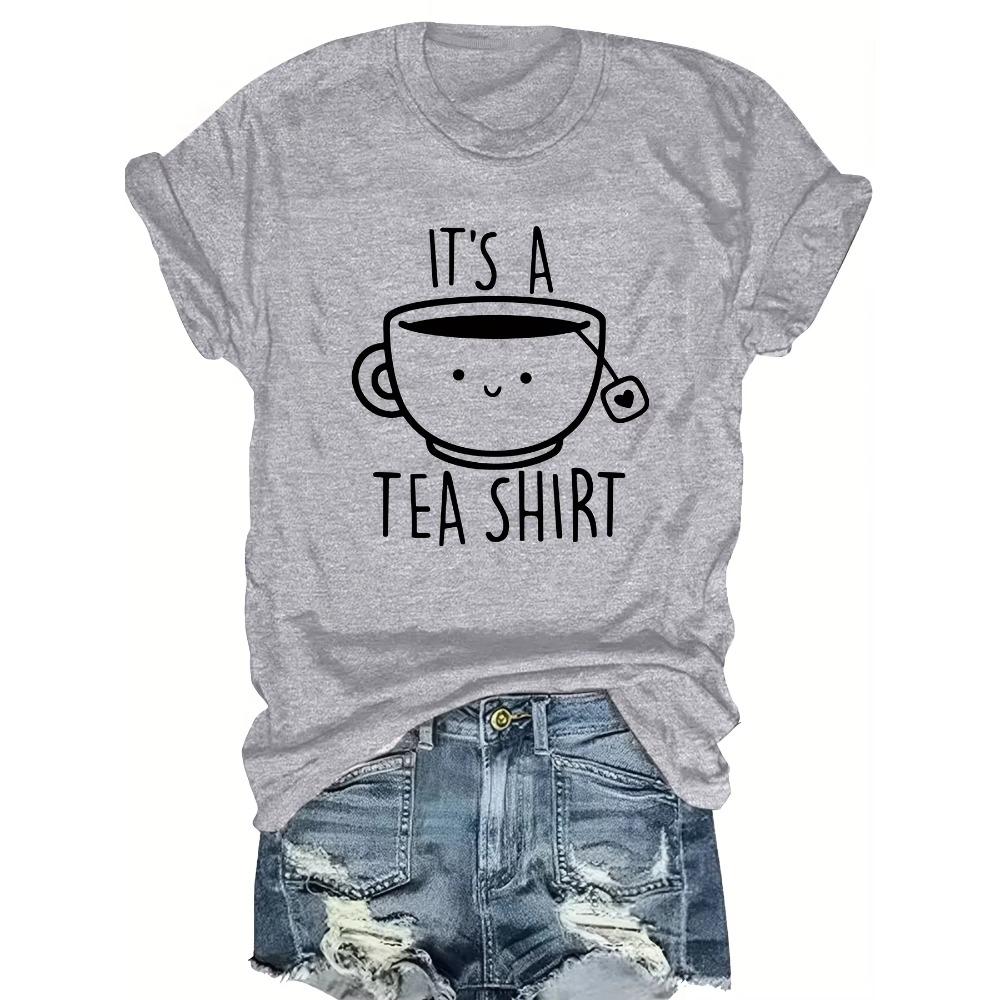 Damen Lässiges Rundhals Kurzarm T-Shirt Mode mit Seinem Ein T-Shirt Alphabet Cartoon Teetasse Bedruckt Sommerkleidung