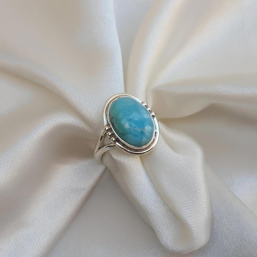Natural Blue Larimar 925 Sterling Silver Ring Jewelry, Handmade Larimar Artisan Ring