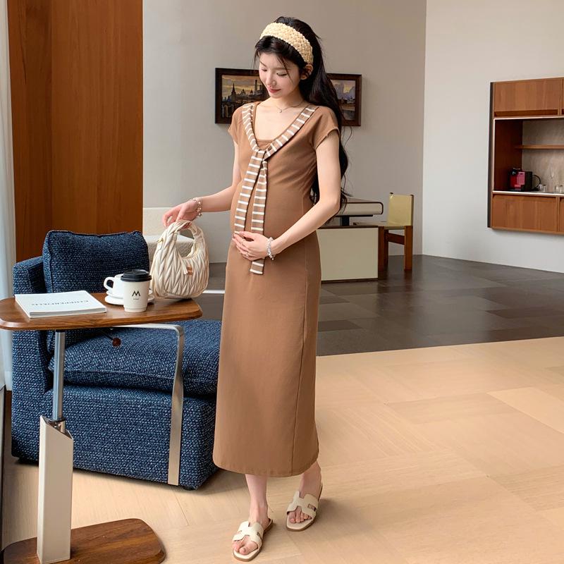 Summer 2026 Maternity Striped Shawl Two-Piece Dress with Slimming Waist L