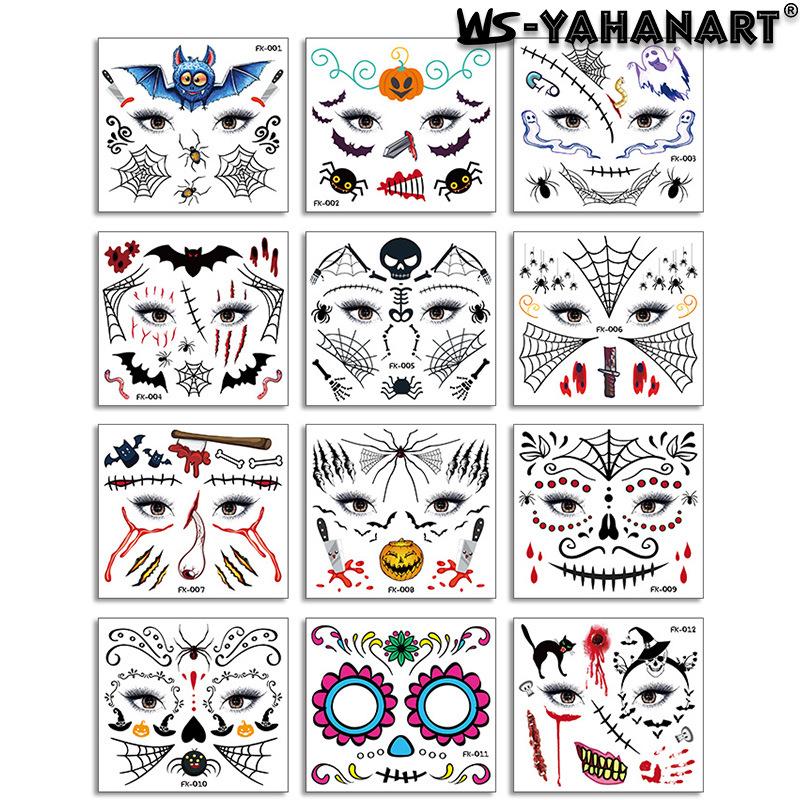 Halloween Morsomme Skalle Tatoveringsklistremerker, Maskerade Arr Skrekk Vanntette Ansiktsklistremerker