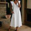 Summer Women's Cotton Linen Dress Tie Back Flutter Sleeve Casual Dresses for Women