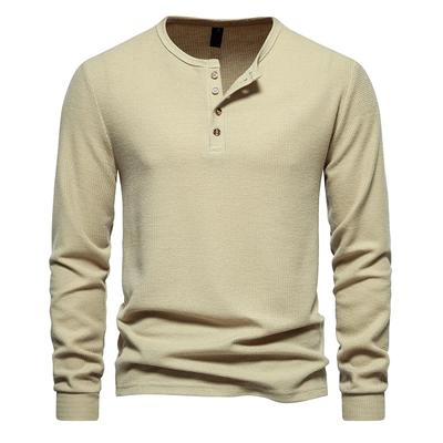 T-shirt Henley gaufré à manches longues pour homme, basique, respirant, haut pour homme, nouveau, décontracté, couleur unie, automne