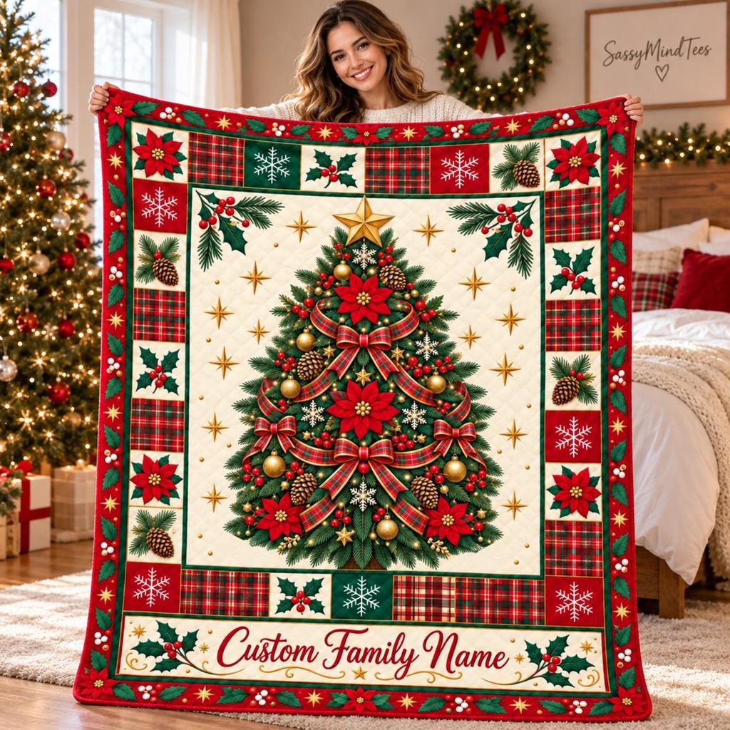Personalized Christmas Blanket, Custom Family Name Fleece Throw, Christmas Tree Plaid Blanket, Poinsettia Holiday Gift for Family Xmas Decor
