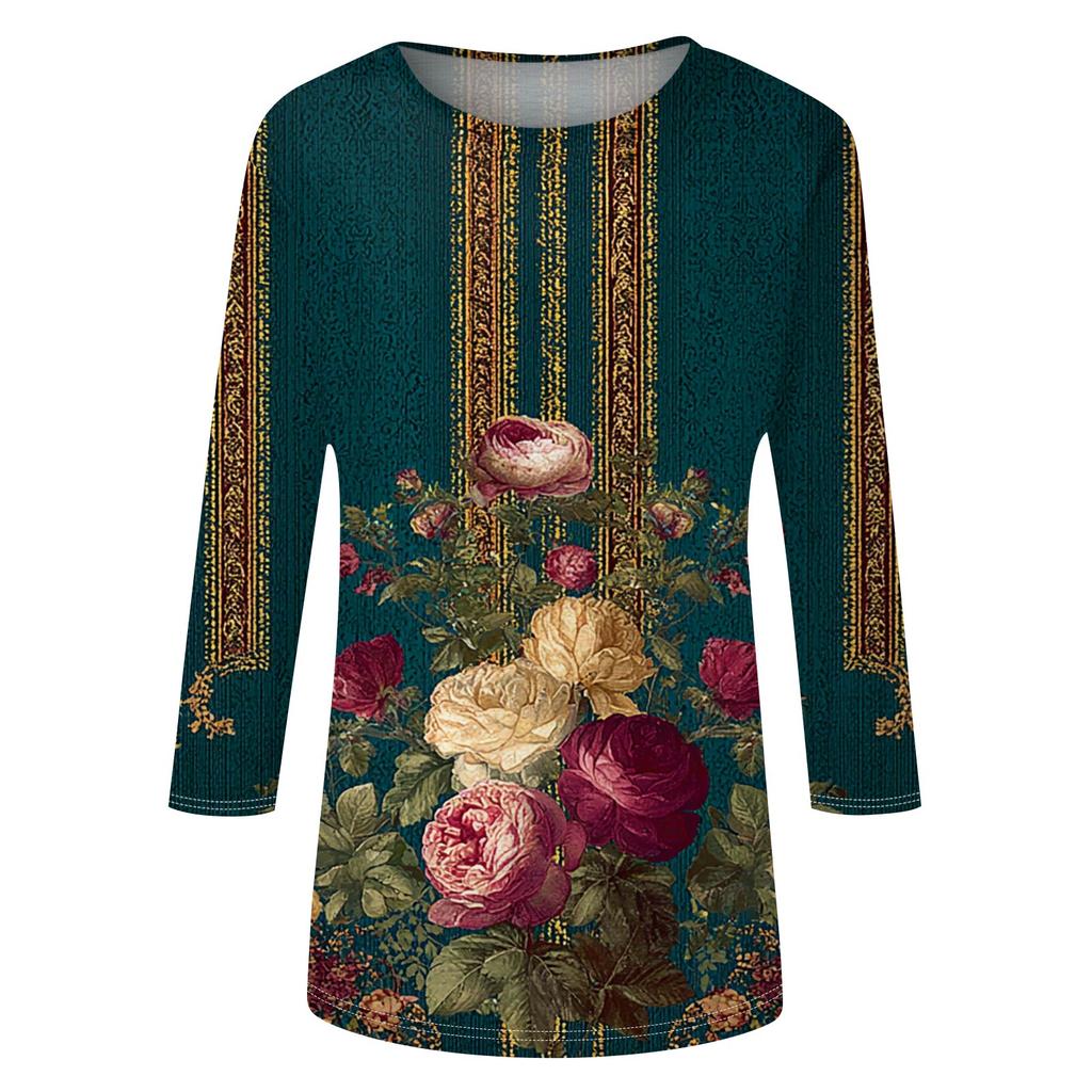Trendy Vintage 3/4 Sleeve Top For Women,Ladies Casual Three Quarter Sleeve Round Collar Printed T-Shirt Blouse