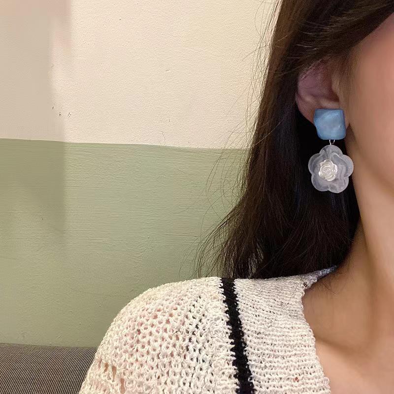 Blue Camellia Flower Jelly Earrings: Elegant & Fresh Summer Beach Accessories for Women