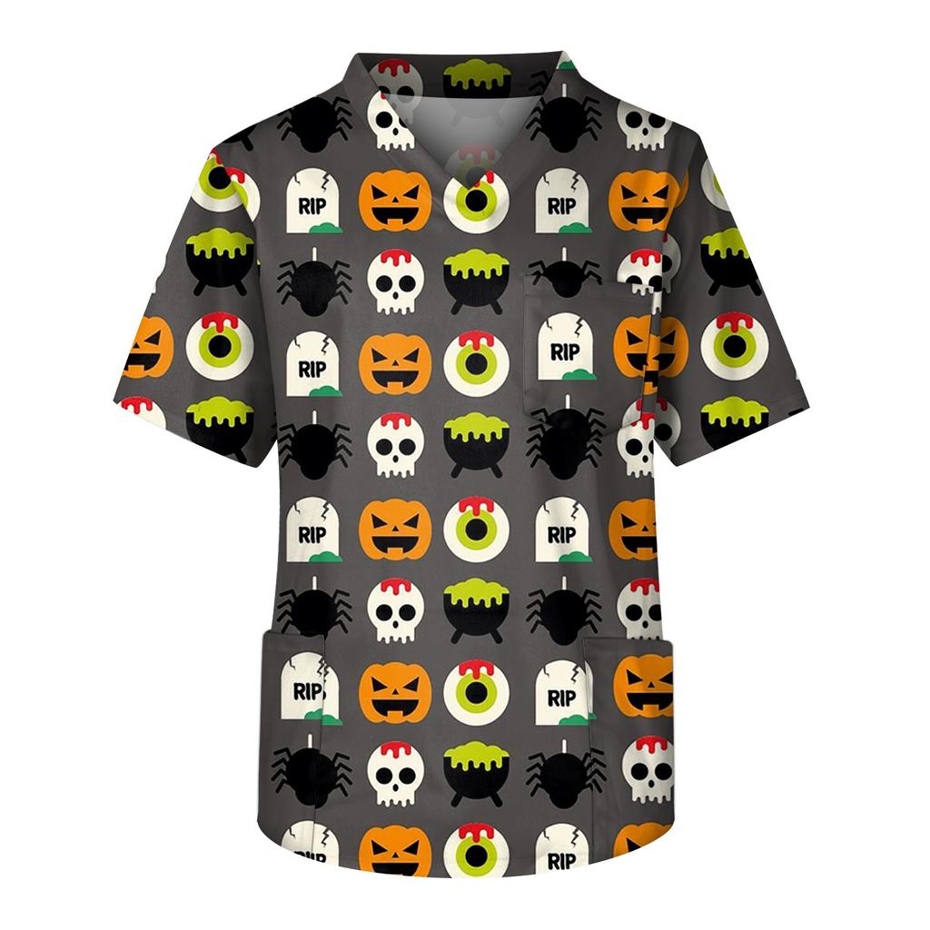 Plus rozmiar Halloween drukowane szorowanie jednolite topy robocze dla mężczyzn krzyżowy dekolt w serek z krótkim rękawem zabawne t-shirty odzież robocza Tee z kieszeniami