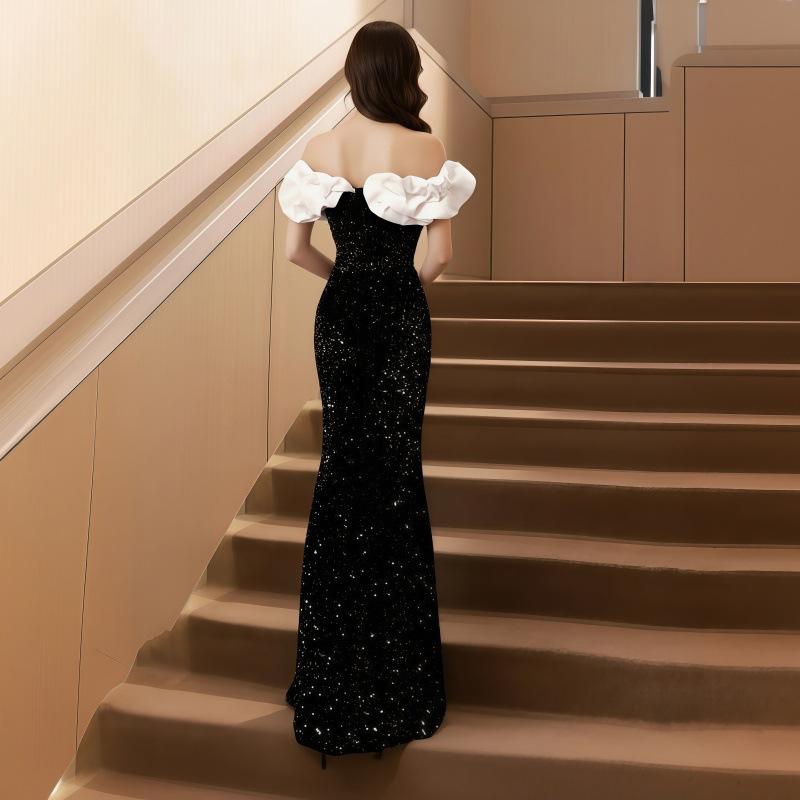 Premium One-word Shoulder Evening Dress Niche Fishtail Host Annual Meeting Dress Sequined Temperament Banquet Dress Women