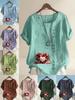 Women's Fashion Heart Shaped Flowers Print Round Neck Short Sleeve T-shirt Summer Casual Cotton Linen Graphic Shirt Leisure Loose Blouse Tops