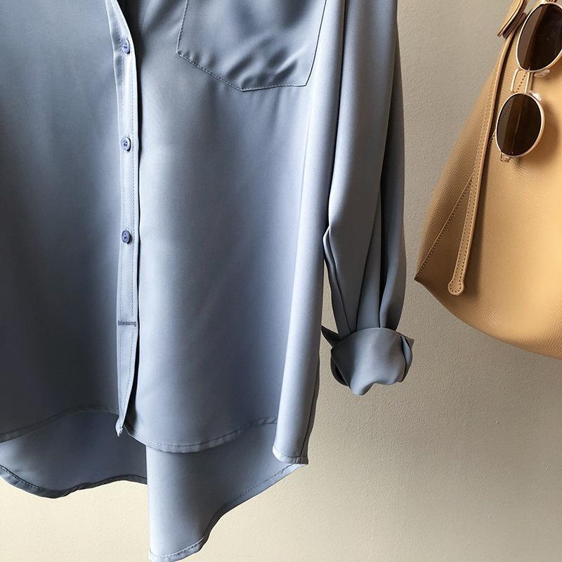 Women's Loose Gray-Blue Long-Sleeve Shirt - Niche Korean Hong Kong Style for Spring and Autumn