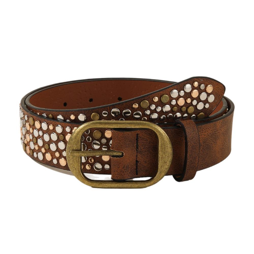 

Rivet Decoration Women s Belt Pu Leather Irregular Design Belt Needle Buckle Belt Pants Decoration коричневий