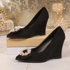 New Autumn Wedge Heel Shoes with Pointed Rhinestones and Square Buckle, Slip-on, Non-slip and Wear-resistant Low-top Shoes