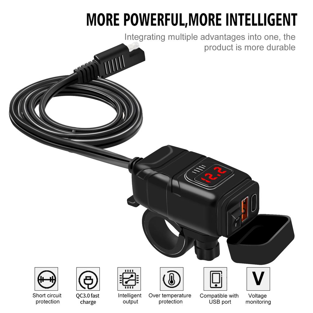 Motorcycle USB Type C Fast Charging QC3.0 with Voltmeter ONCelsiusOff for Phone Tablet