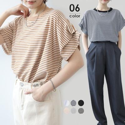 Lotte Japanese Summer Loose Round Neck Striped Bat Shirt Short Sleeve T-shirt for Women