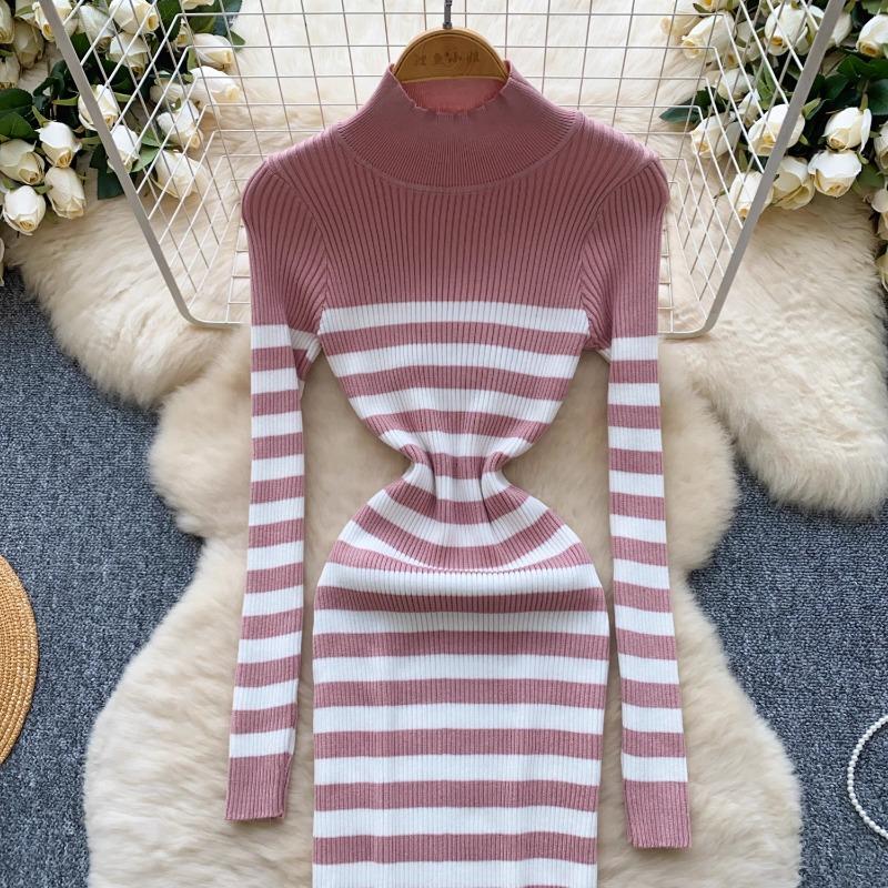 Rochii pulover femei cu gât înalt toamna 2024 sexy slim fit rochie tricotată tricotată cu dungi cu culoare blocată, îmbrăcăminte de stradă Rochii șic