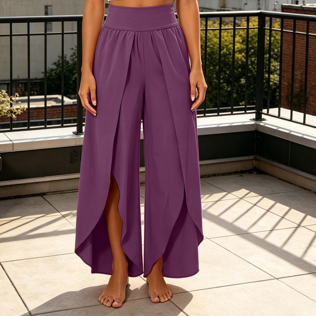 Women's High Waist Wide Leg Pants with Front Slit Loose Fit Casual Long Trousers Elastic Waistband Elegant Design for Daily Wear