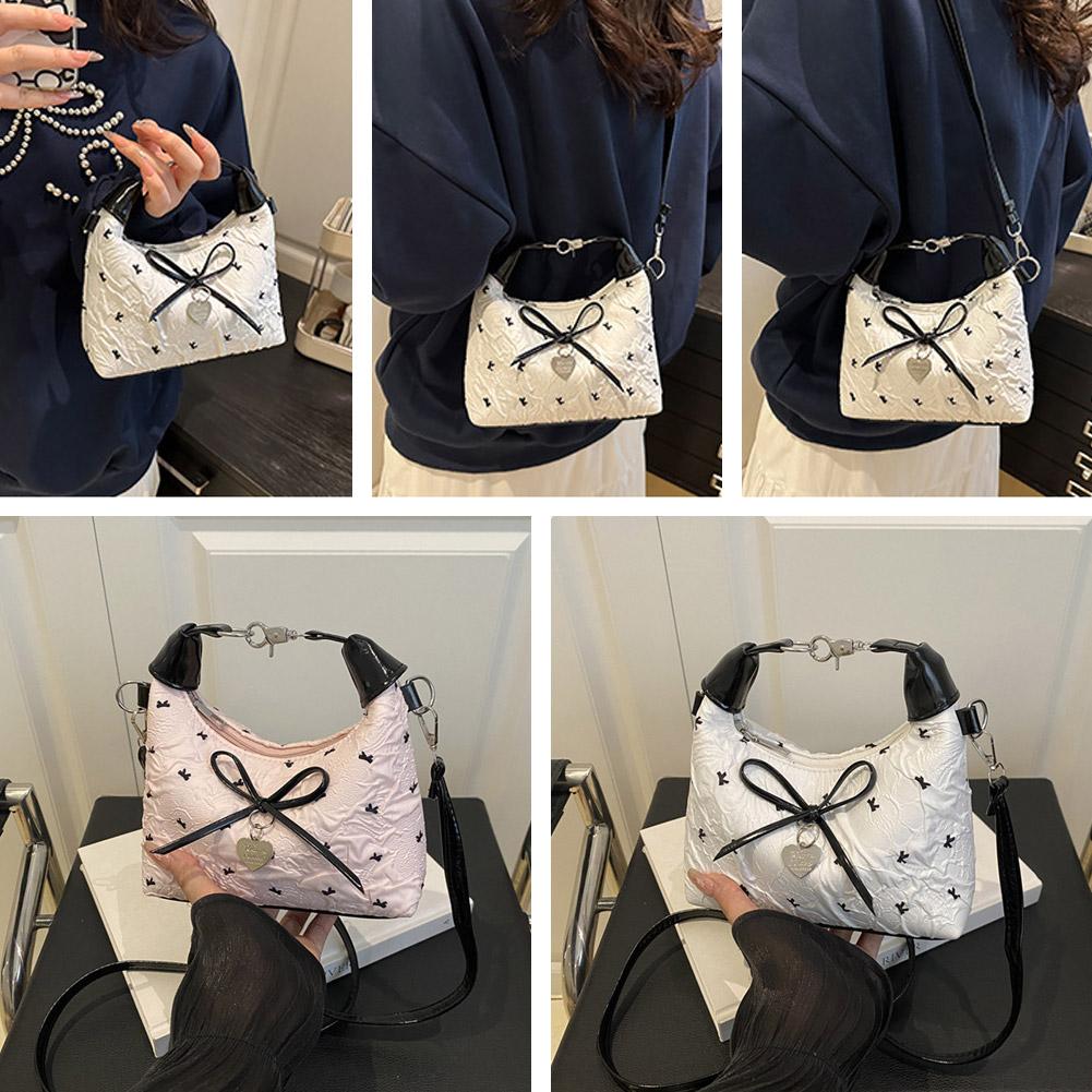 Bow Crossbody Bag for Women Sweet Fashion Print Metal Heart Pendant Hand-held Single Shoulder Bag Commute Handbag Underarm Pouch
