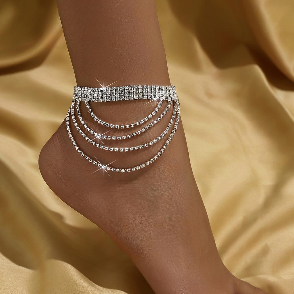 Wielowarstwowa bransoletka na kostkę z frędzlami, wysokie obcasy, akcesoria, moda, seksowna, plażowa bransoletka na kostkę z kryształkami, akcesoria do stóp