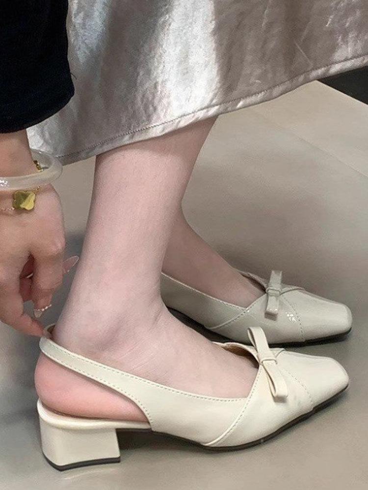 French Evening Breeze Gentle Bow Square Head Bag Head Sandals Women's Summer Outer Wear Empty Short Heel Thick Heel