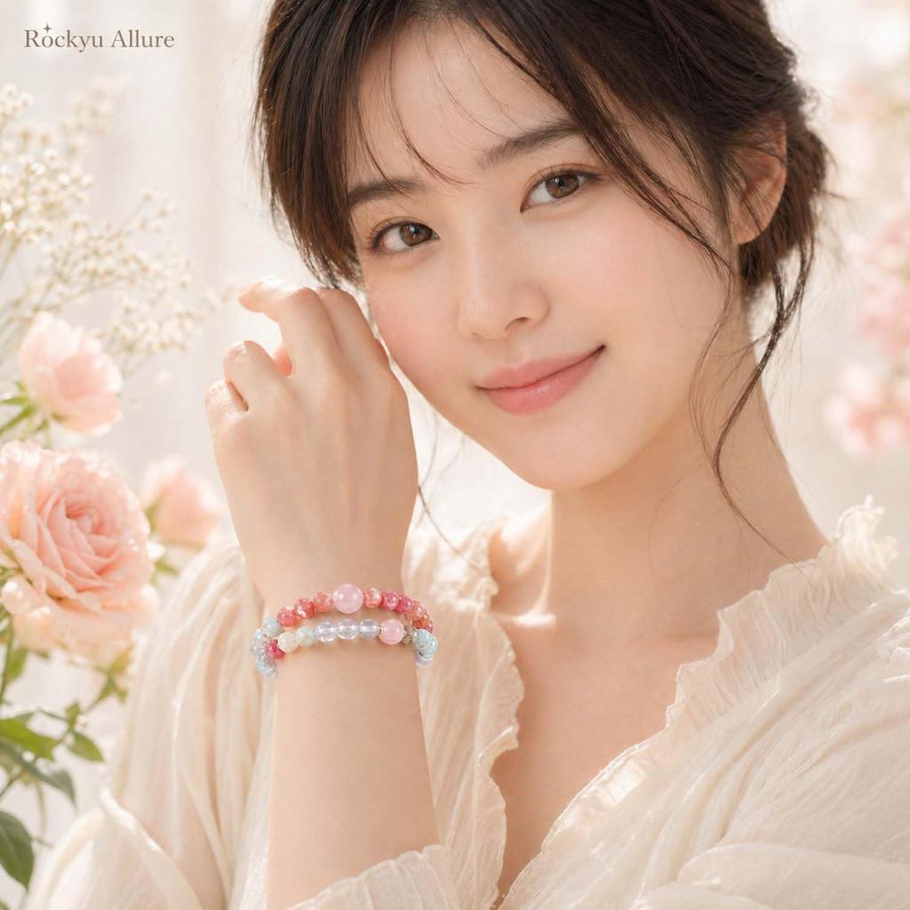 Rockyu Allure Bracelet for Women, Pink Orange, Natural Rhodochrosite, A Glossy Prayer Bead Bracelet for Wishes, Gift (Blue Chalcedony X Ebony)