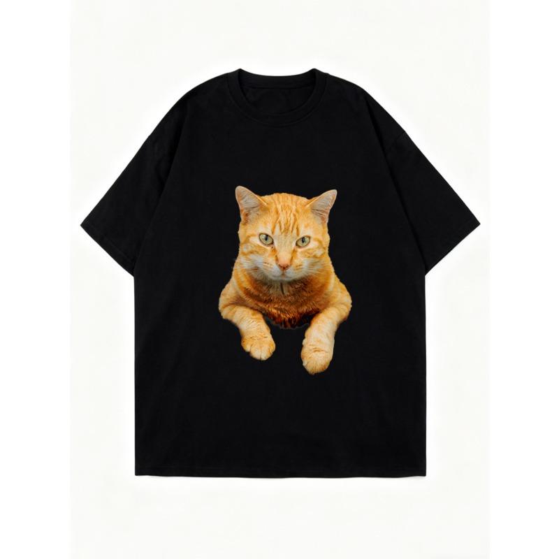 Oversized T Shirt Black Orange Cat Print Casual Wear for Women Summer Fashion Streetwear Top Unisex Loose Fit Graphic Tee