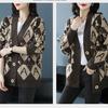 Women's Plus Size Knitted Cardigan Sweater Spring Autumn V-Neck Printed Knit Sweater Jacket Casual Loose Knit Jacket