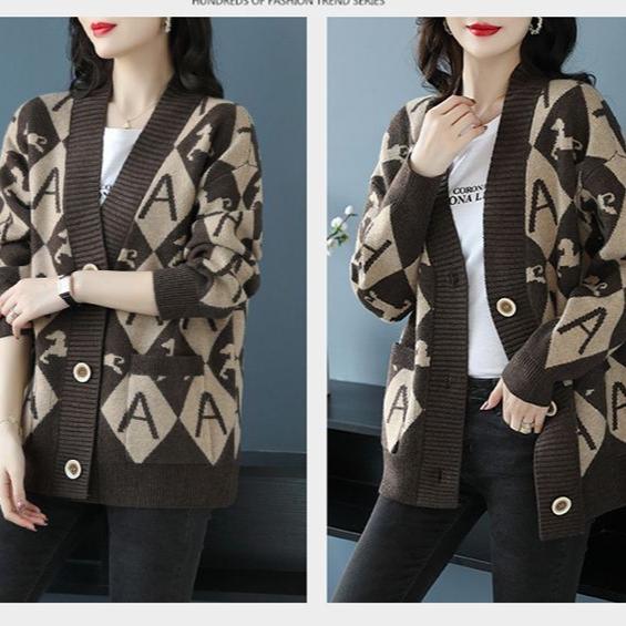 Women's Plus Size Knitted Cardigan Sweater Spring Autumn V-Neck Printed Knit Sweater Jacket Casual Loose Knit Jacket