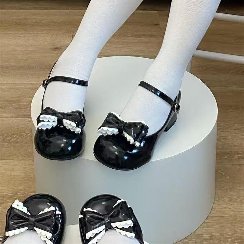 2026 Lolita Style Cute Round Head Jane Pumps with Bow Women Sweet Party Dress Midi Heels Shoes Fashion PU Sneakers Women