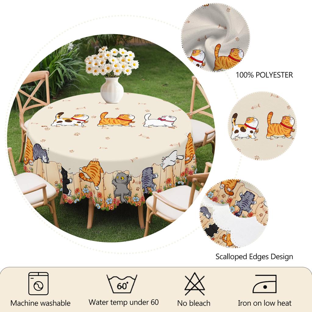 1 Piece of Cute Cartoon Cat Round and Rectangular Tablecloth, Available In 5 Sizes, Adorable Cartoon Cat Playful Pattern Print Deskcloth, Embossed Edg