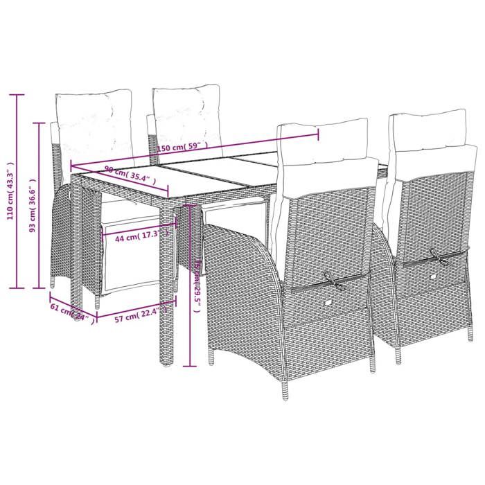 VidaXL Ensemble à Manger de Jardin avec Coussins 5 pcs, Table et Chaises avec Dossier Réglable, Meubles d'Extérieur, 3213322